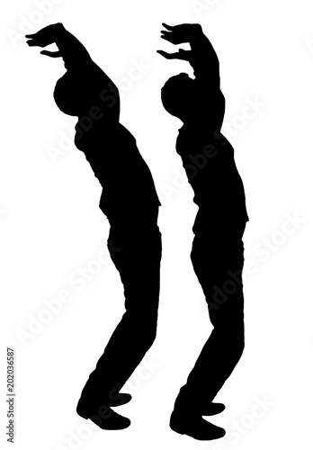 Vector silhouette of two men in profile with their hands up trying to keep something from falling
