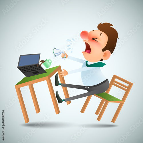 funny cartoon man is sick and sneezes in the workplace. Office furniture, laptop and mug with drink are scattered in different directions