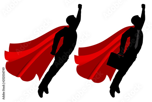 Vector silhouette of two men, superheroes who are flying