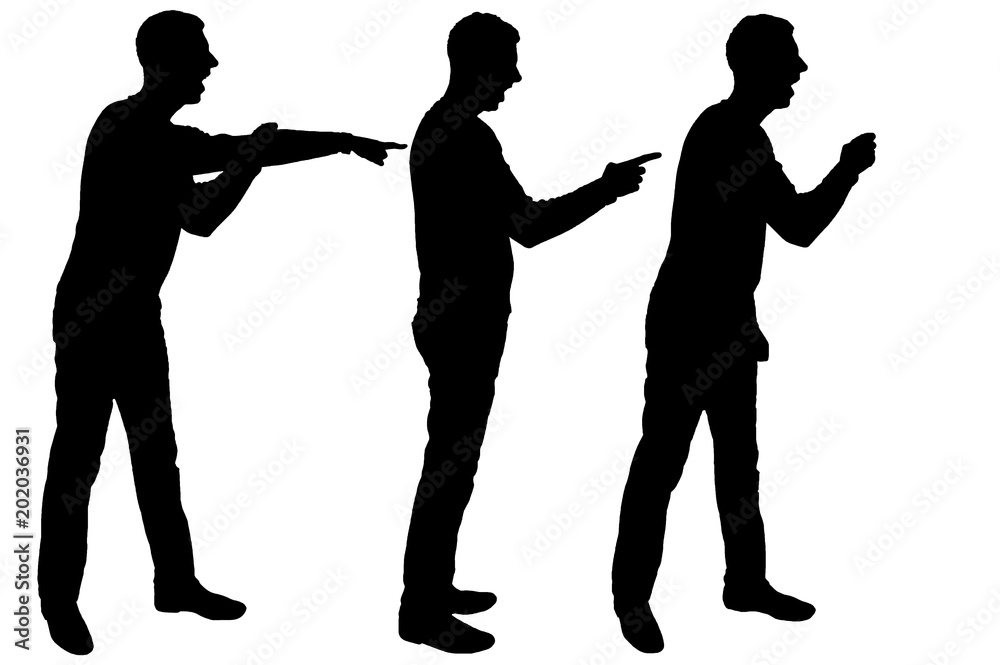 Vector silhouette of three men who scream and point their finger at someone