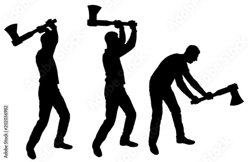 Vector silhouette of three men with an ax in their hands
