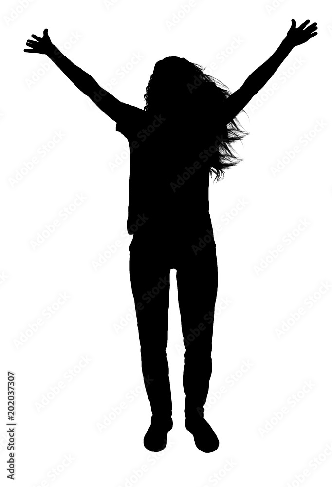 Vector silhouette of a happy woman with arms raised.