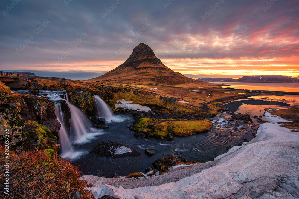 Spectacular sky above the scenery and waterfalls, Kirkjufell Mountain, Iceland.