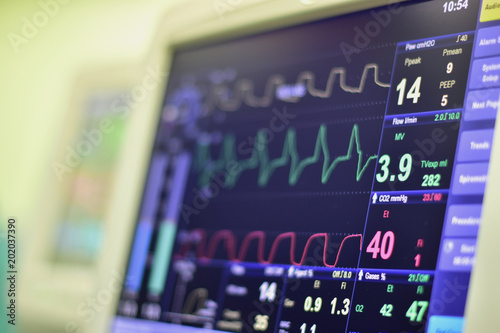 EKG monitor in intra aortic balloon pump machine in icu on blur background, Brain waves in electroencephalogram, heart rate wave