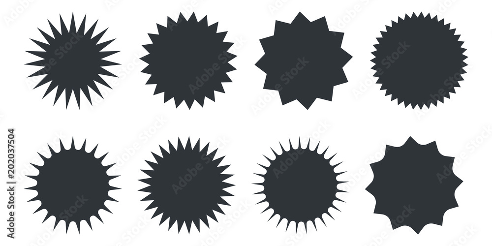 Set of vector starburst, sunburst badges. Black icons on white background. Simple flat style vintage labels, stickers. Set of vector starburst, sunburst badges. Black icons on white background. Simple flat style vintage labels, stickers.