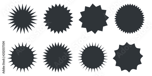 Set of vector starburst, sunburst badges. Black icons on white background. Simple flat style vintage labels, stickers.