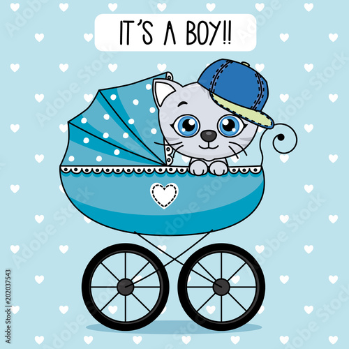 baby boy shower card. cat inside baby stroller