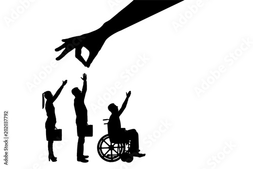 Silhouette vector Employer's hand chooses a healthy worker from a crowd of people and not an invalid in a wheelchair