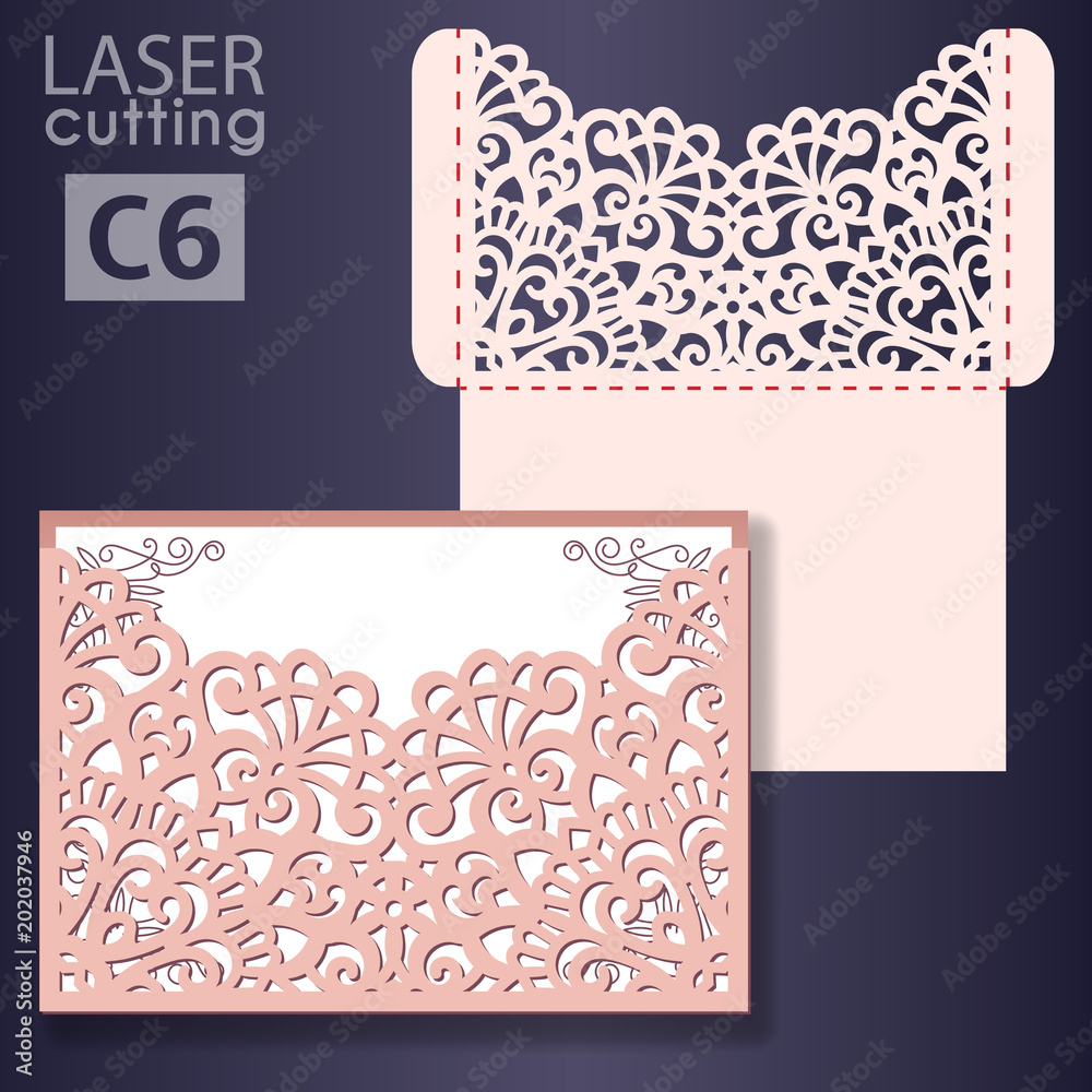 Laser cut wedding invitation card template vector. Wedding invitation or  greeting pocket envelope with abstract ornament. Open card. Suitable for  greeting cards, invitations, menus. Stock Vector | Adobe Stock
