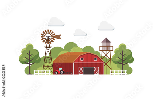 farm with water tank and Tractor, country landscape, trendy flat style vector design template