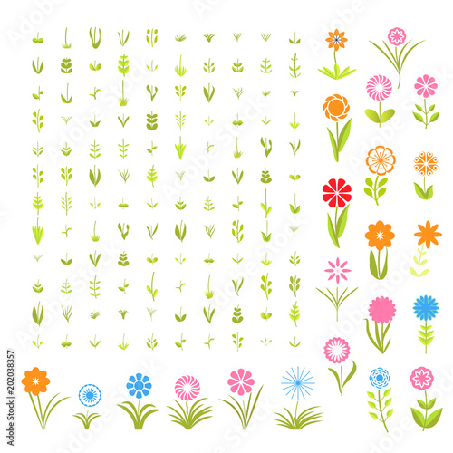 The designer of flowers. A  large set of simple elements on a white background. Stylized summer or spring flowers, floral design elements. Vector illustration