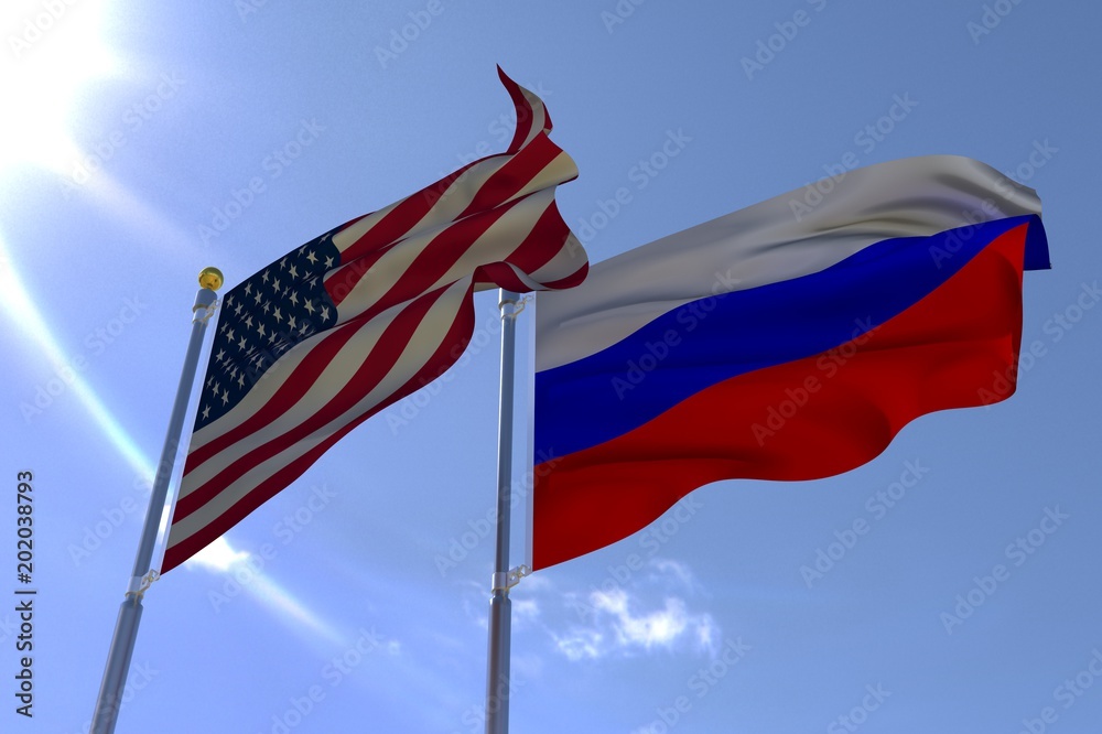 Silk waving flags of USA (United States of America) and Russia (Russian Federation)  with flagpole  on white background. 3D illustration.