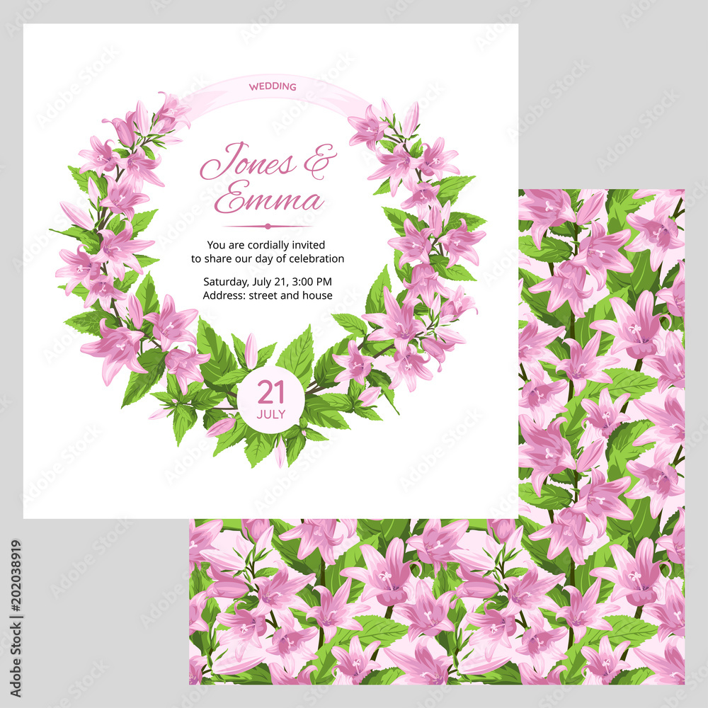 Cover of wedding invitation and seamless pattern. Campanula - Pink Flowers on White Background.