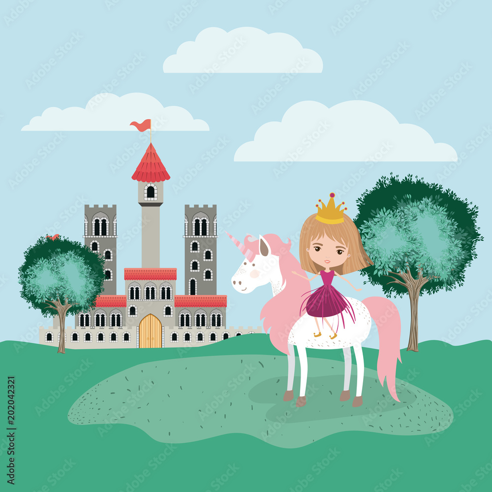 Fototapeta premium princess with unicorn in the camp and castle vector illustration design