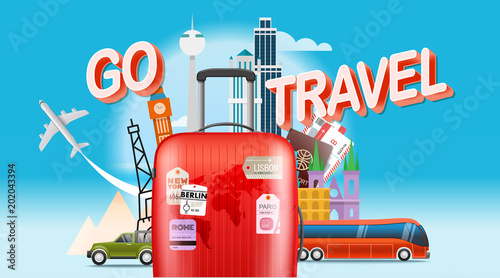 Vacation travelling concept. Go travel. Vector travel illustration with red bag