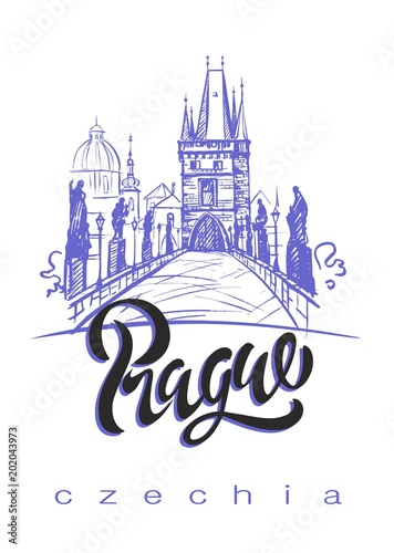 Travel. A trip to the Czech Republic. The City Of Prague. Sketch. The Charles bridge. The design concept for the tourism industry. Vector illustration.