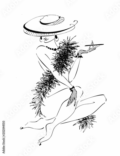 Sexy young girl in a hat. Naked beauty.  Model boa of feathers . Vector illustration.