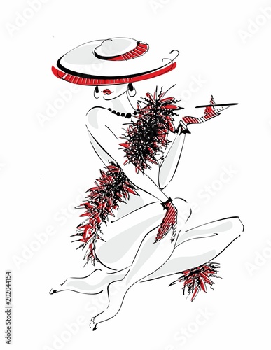 Sexy young girl in a hat. Naked beauty.  Model boa of feathers . Vector illustration.