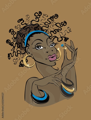 Dark-skinned woman in gold jewelry. Dark-skinned model shows jewelry. Holds a gold ring in his hand. Turquoise. Beauty industry. Fashion model. African, Brazilian, African-American. Vector.