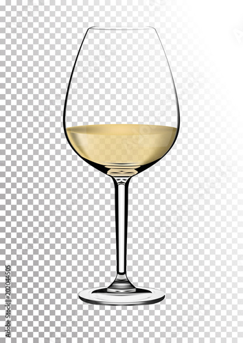 Transparent realistic vector wineglass full of white wine with bright saturated straw colored amber. Illustration in photorealistic style.