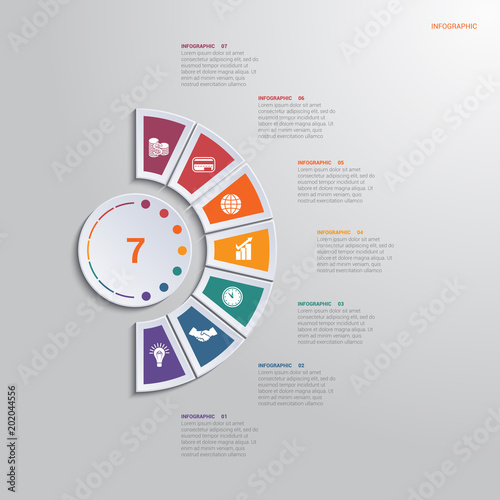 Template infographic 7 positions for text area. diagram with multicolored elements around circle