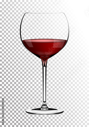 Transparent realistic vector wineglass full of red wine rich dark ruby burgundy color. Illustration in photorealistic style.