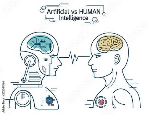 Robot vs human. AI artificial intelligence and human intelligence Concept business disruptive illustration. Vector line design to poster.