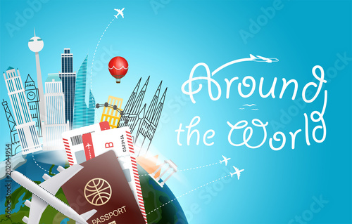 Around the wotld concept with logo. Travel destination vector illustration