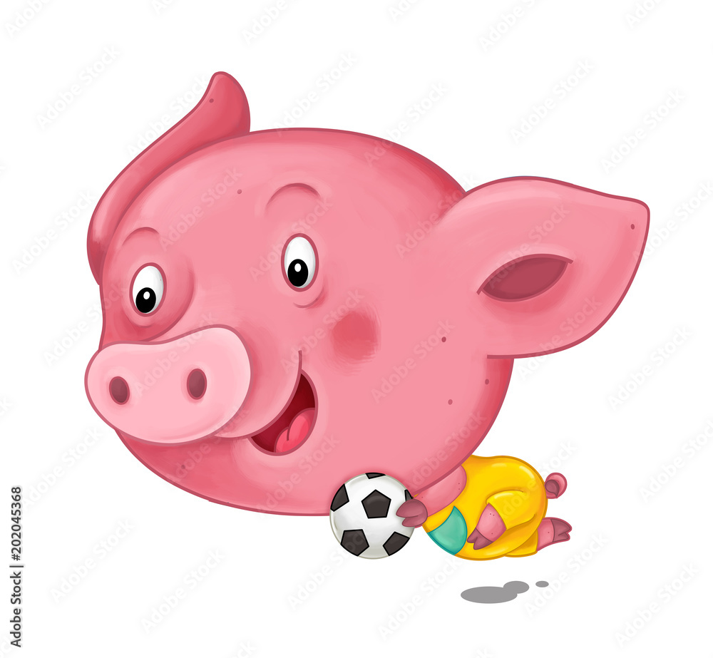 cartoon scene with happy funny and young pig playing football - on white background - illustration for children