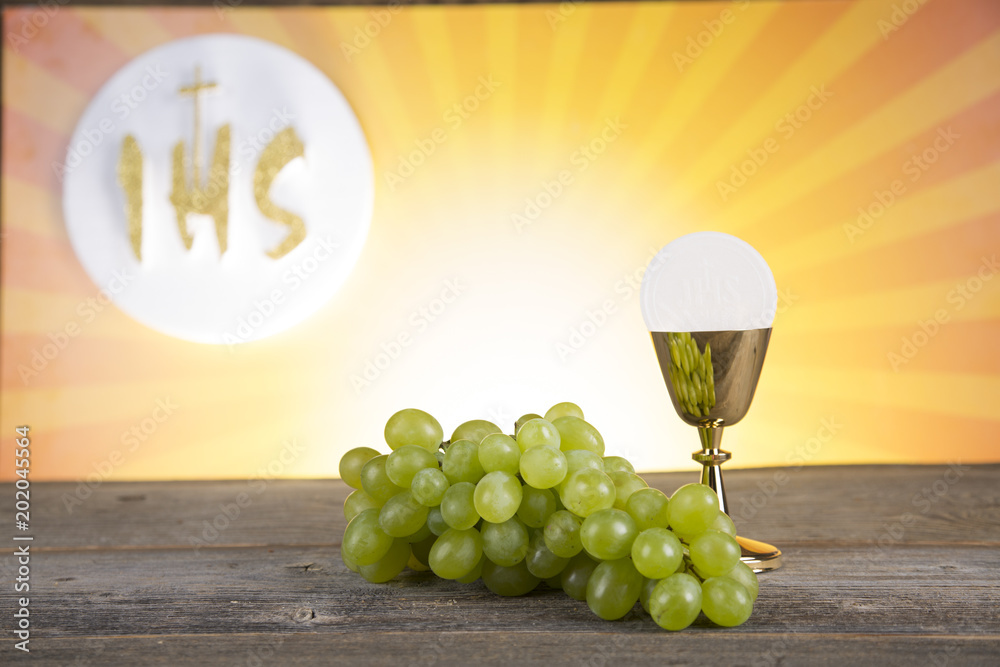 Eucharist symbol of bread and wine, chalice and host, First communion ...
