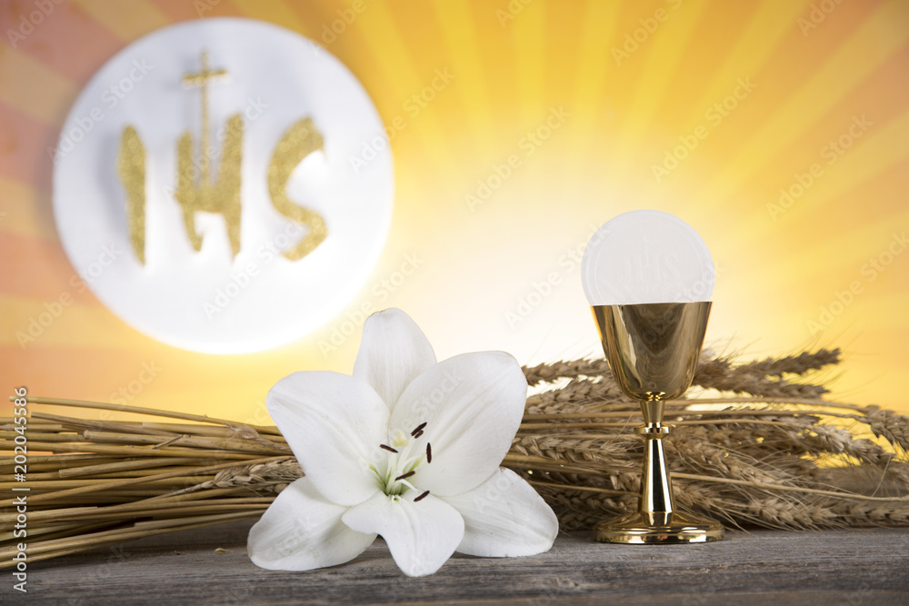Eucharist symbol of bread and wine, chalice and host, First communion ...
