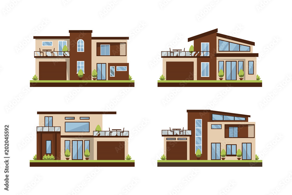 Vector Flat Illustration modern houses, family home, office building, private apartment, beauty architecture for dream houses brown awesome