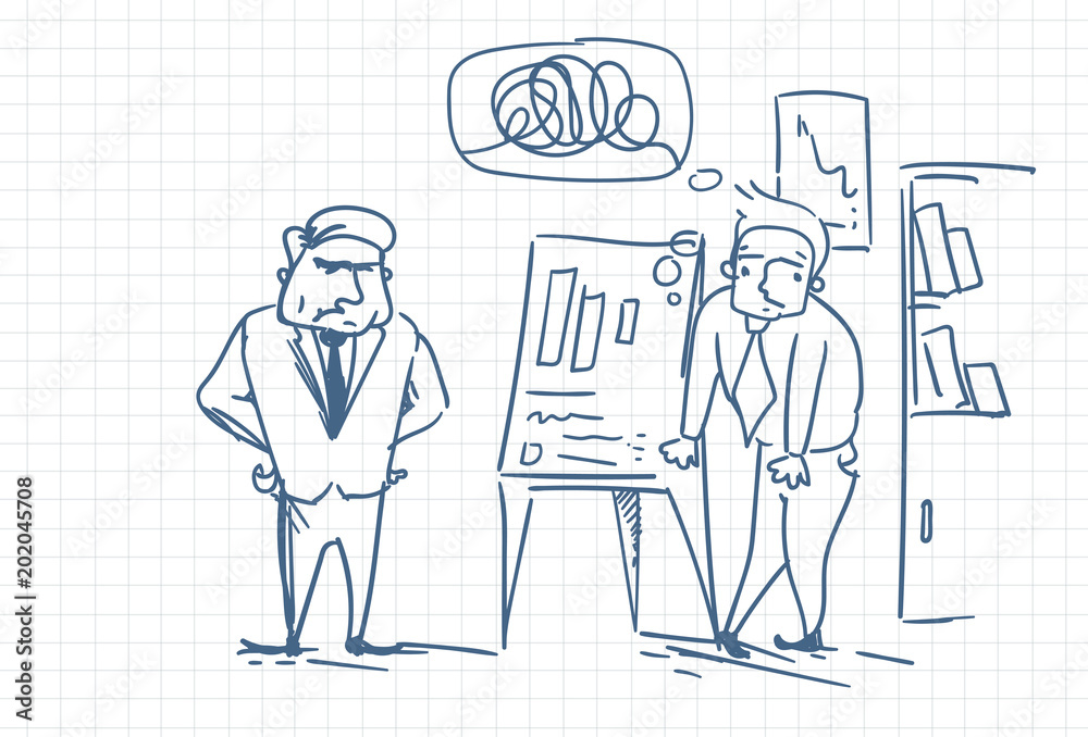 Angry Boss Looking At Report Or Sales Results On Clip Board During Business Man Presentation Doodle Vector Illustration Angry Boss Looking At Report Or Sales Results On Clip Board During Business Man Presentation Doodle Vector Illustration