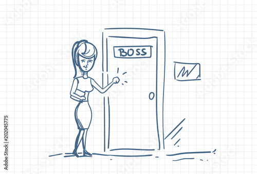 Business Woman Knock Boss Door Doodle Over Squared Background Vector Illustration