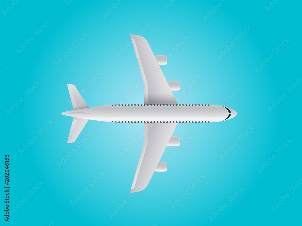 Modern aircraft on blue background. Top view