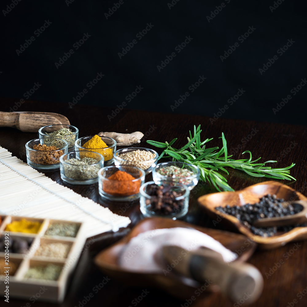 Fresh basil and dry set of spices. place for text Fresh basil and dry set of spices. place for text
