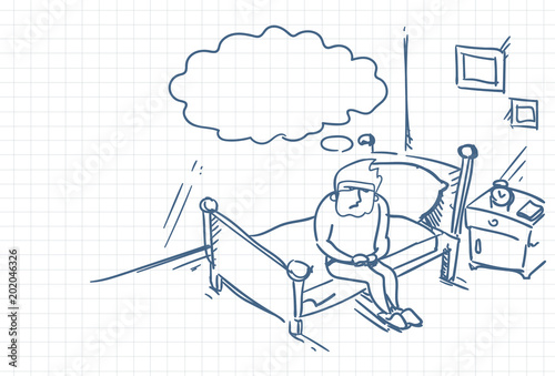 Sketch Man Waking Up Sit On Bed In Morning Doodle Over Squared Background Vector Illustration