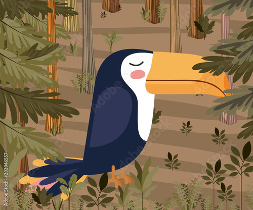 cute toucan bird in forest scape scene vector illustration design