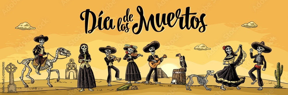 Skeleton Mexican costumes dance and play the guitar, violin, trumpet.