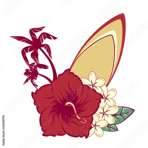 Surfboard in hawaiian flowers bouquet hibiscus and plumeria and palms photo