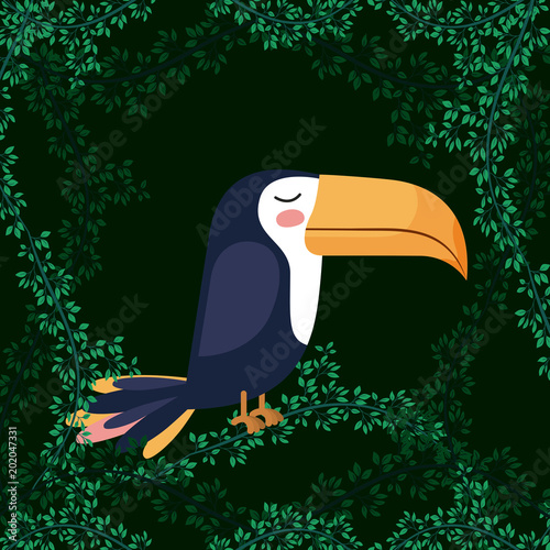 cute toucan bird in forest scape scene vector illustration design