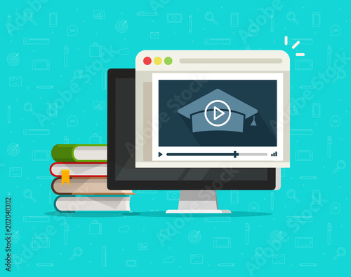 Education via online video on computer vector illustration, flat cartoon desktop pc and video webinar courses, concept internet learning, digital distance study, web tutorial