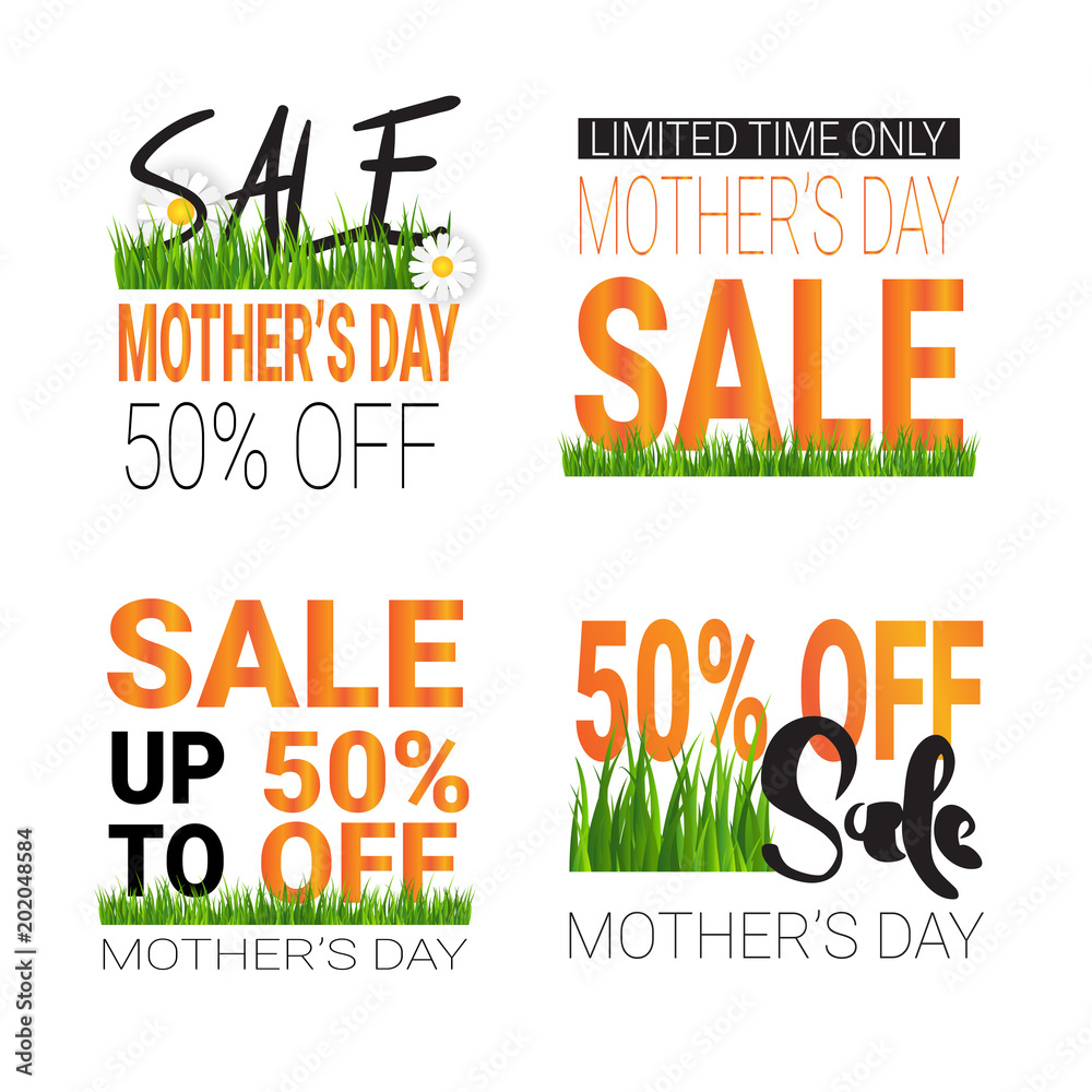 Fototapeta premium Mothers Day Sale Signs Set Isolated Special Offer And Discount Seals Collection Flat Vector Illustration