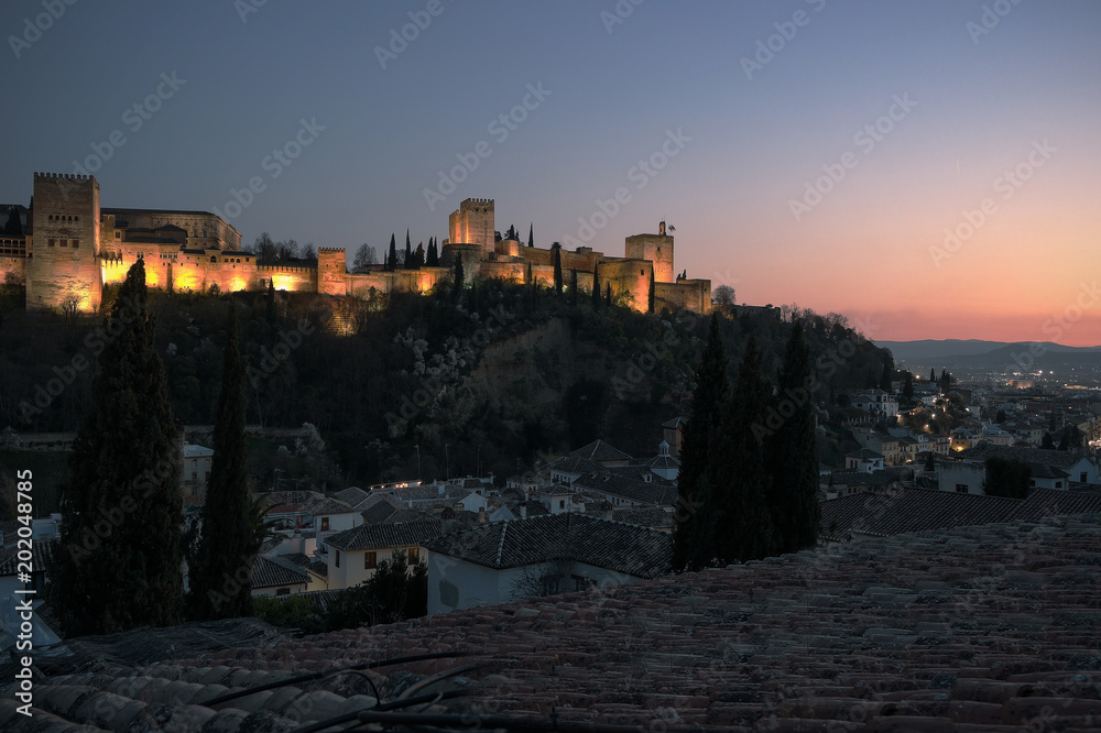 Panoramic view of Granada in Andalucia Spain with Alhambra skyline. A view of the city of Granada in Andalucia in Spain with the Alhambra palace, and the Albaicin district homes.