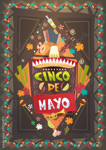Mexico Festival Cinco De Mayo Poster Mexican Holiday Event Decoration Design Flat Vector Illustration