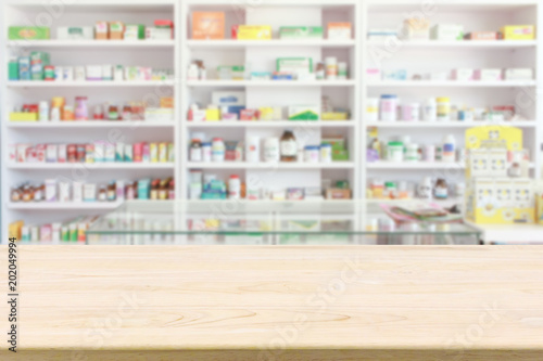 Принти на полотні Pharmacy drugstore counter table with blur abstract backbround with medicine and