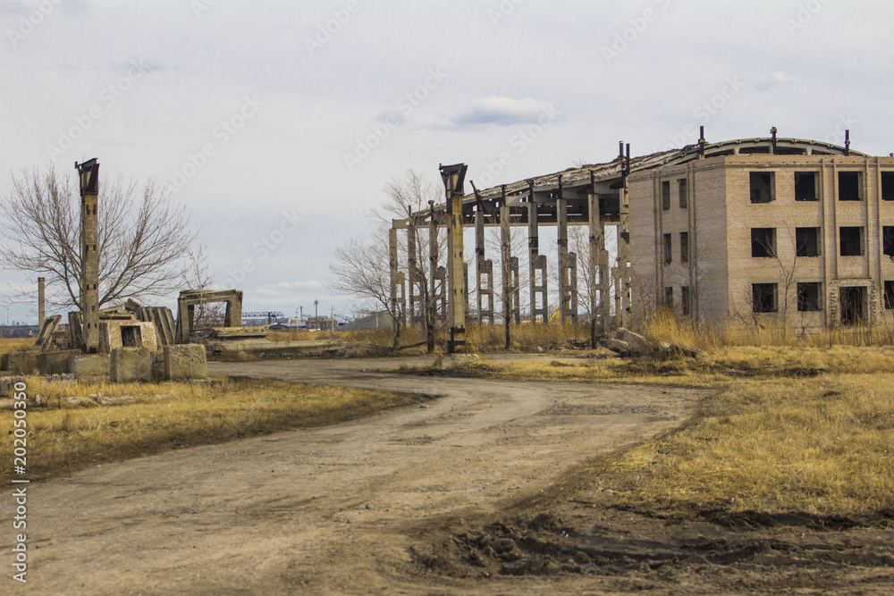 abandoned factory shop photographed in autumn