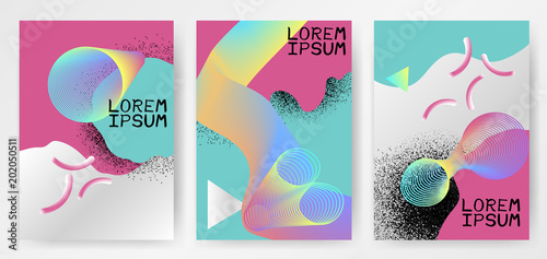 Colorful modern abstract posters with gradients, circles, thin line smoke shape, color fluid geometrical shape on pink, blue, gray background. Covers, templates. Vector illustration.