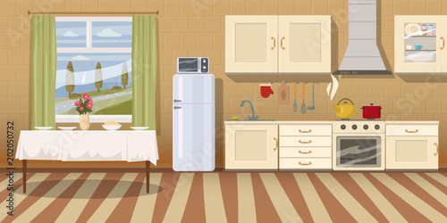 Kitchen with furniture. Cozy kitchen interior with table, stove, cupboard, dishes and fridge. Cartoon style vector illustration. Scene template for animation