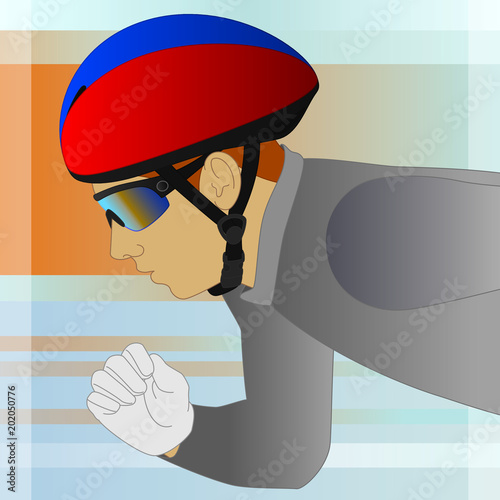 speed skater male wearing helmet for short-track skating with abstract background photo